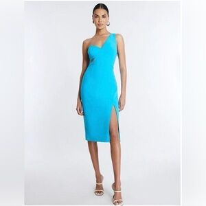BCBGMaxAzria One Shoulder Cut Out Asymmetrical Neck Midi Dress